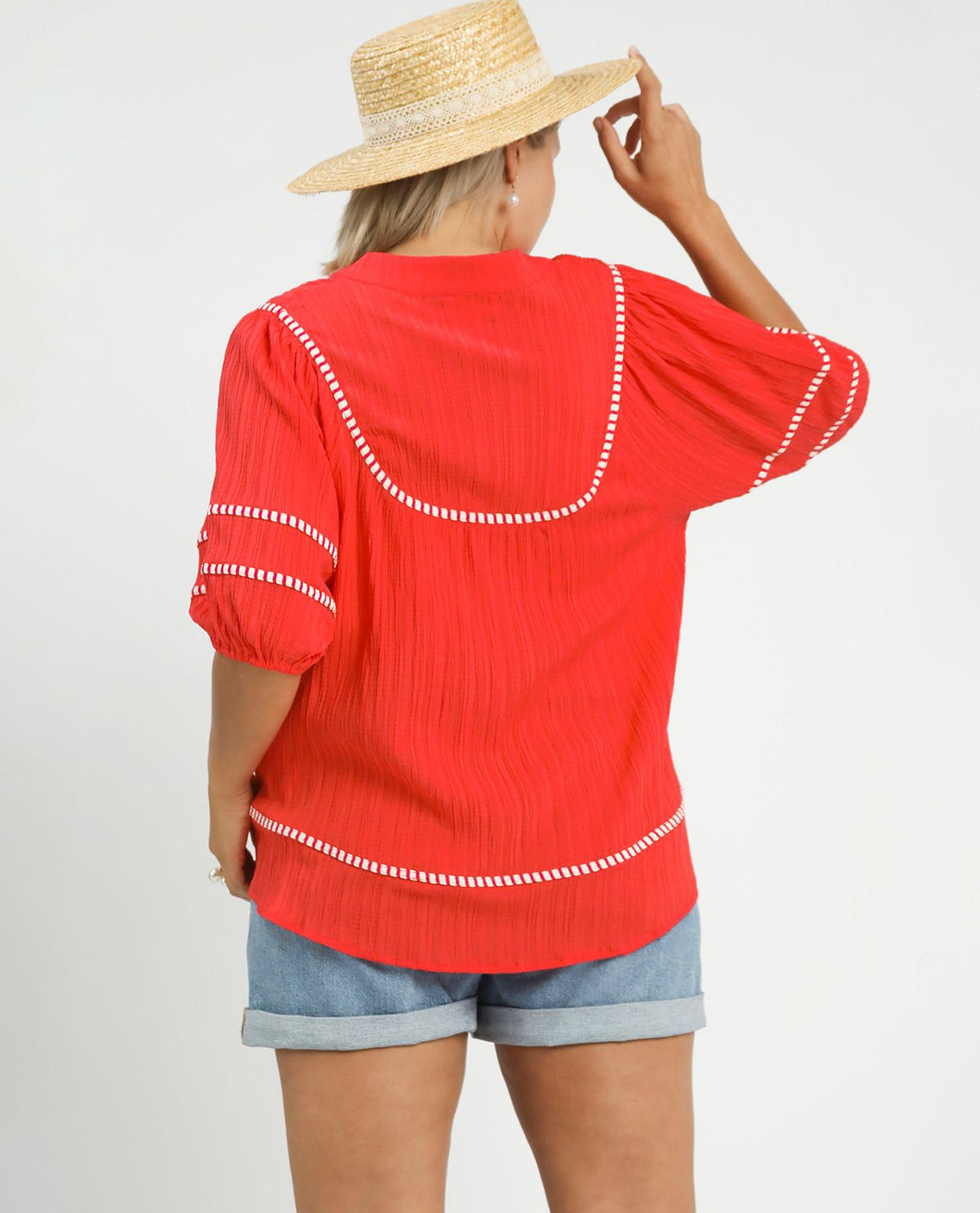 Umgee Solid Textured Top With Contrast Trim Coral
