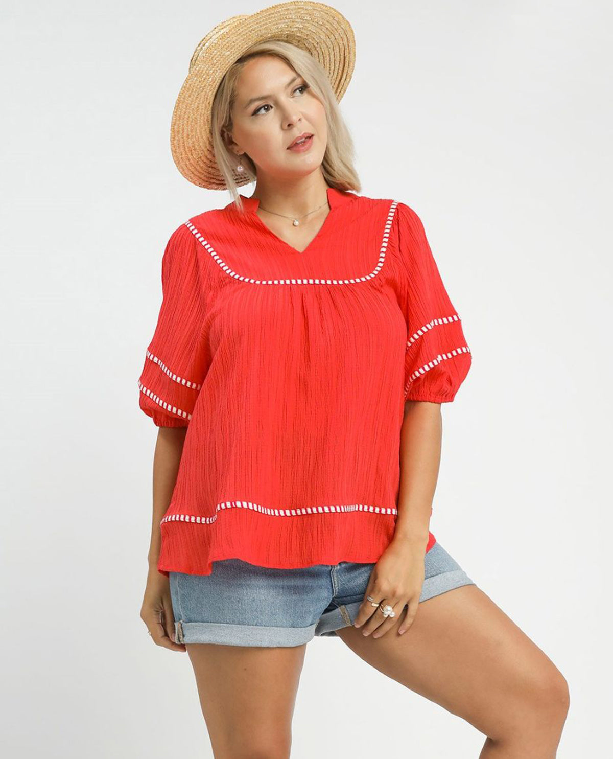 Umgee Solid Textured Top With Contrast Trim Coral