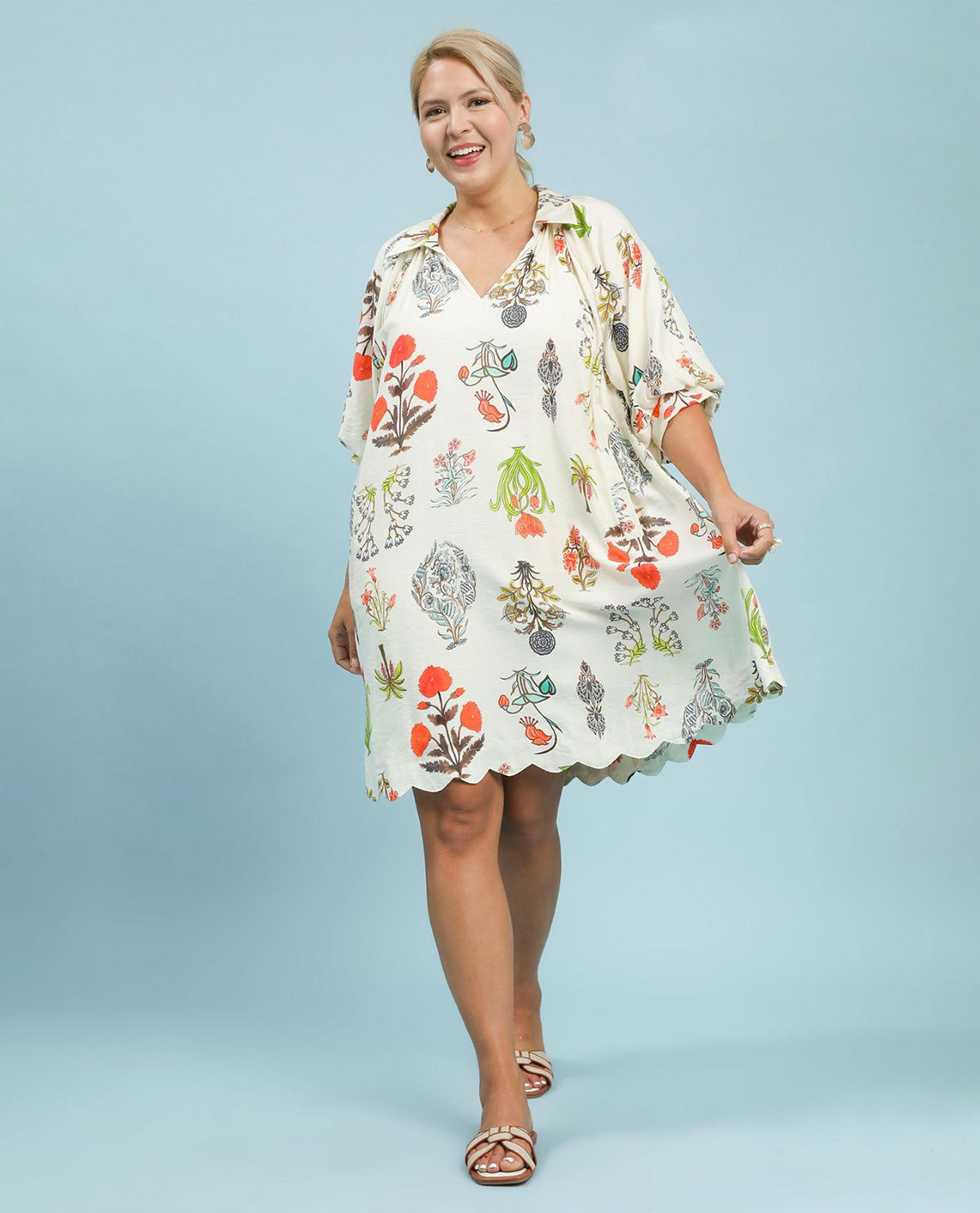 Umgee Floral Encyclopedia Print Midi Dress Cream