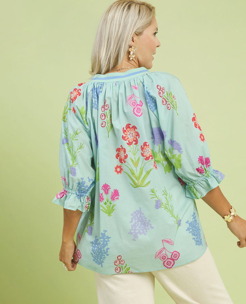 Umgee Floral Print Puff Sleeve Top Seafoam