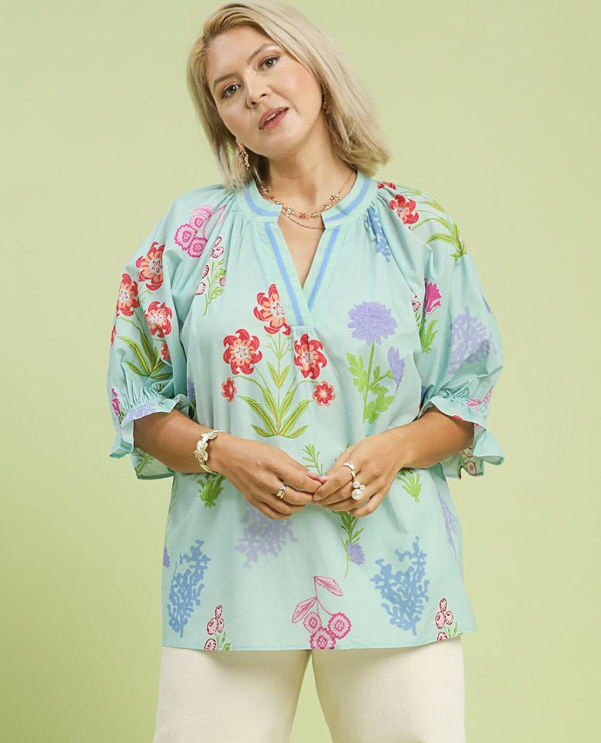Umgee Floral Print Puff Sleeve Top Seafoam
