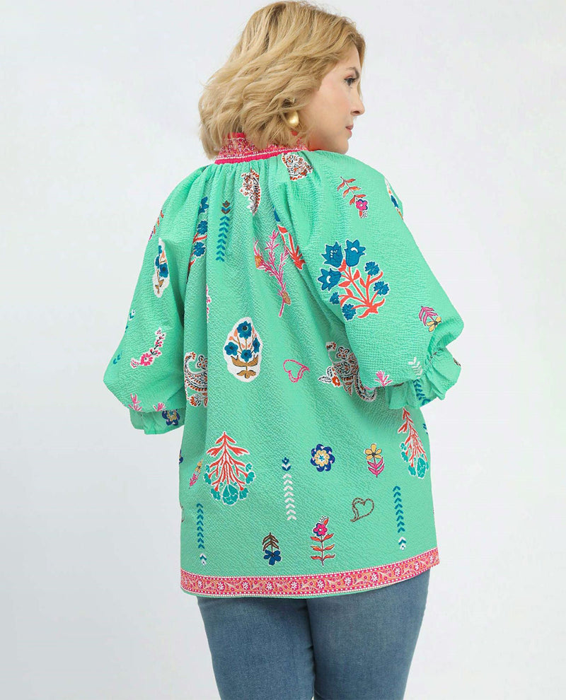 Umgee Floral Print V-Neck Smocked Collar Top Mint
