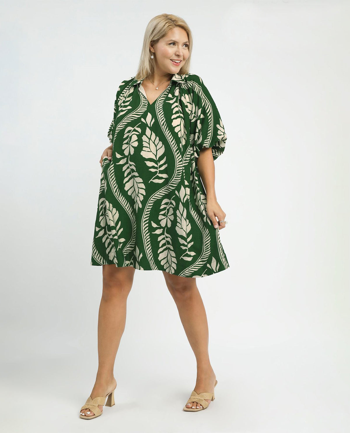 Umgee Leaf Print Collar Dress Green