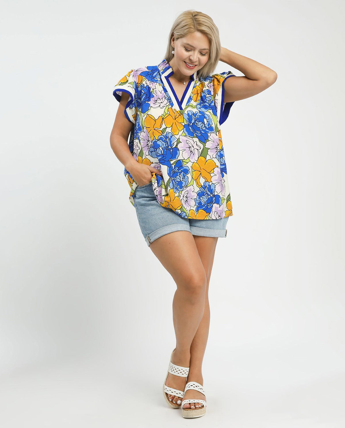 Umgee Floral Print Top With Contrast Trim