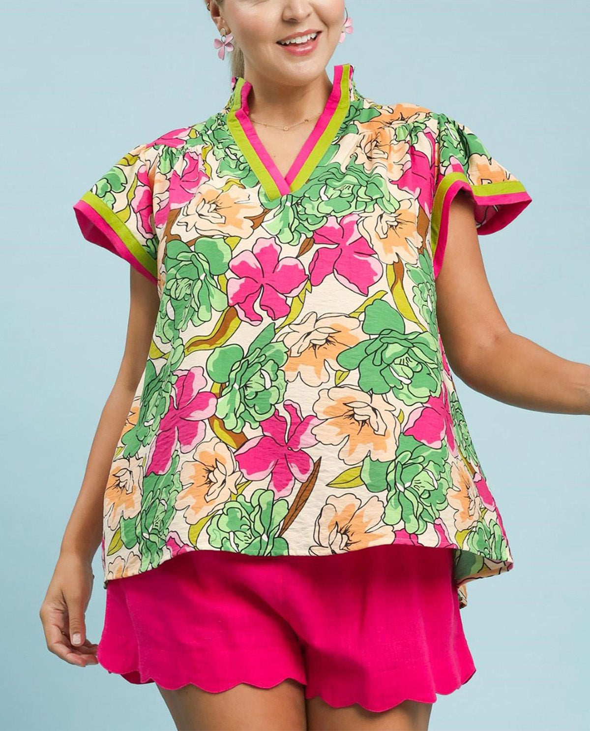 Umgee Floral Print Top With Contrast Trim