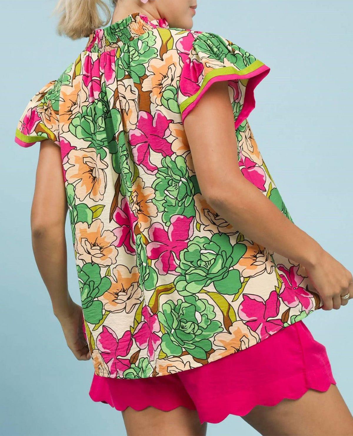 Umgee Floral Print Top With Contrast Trim