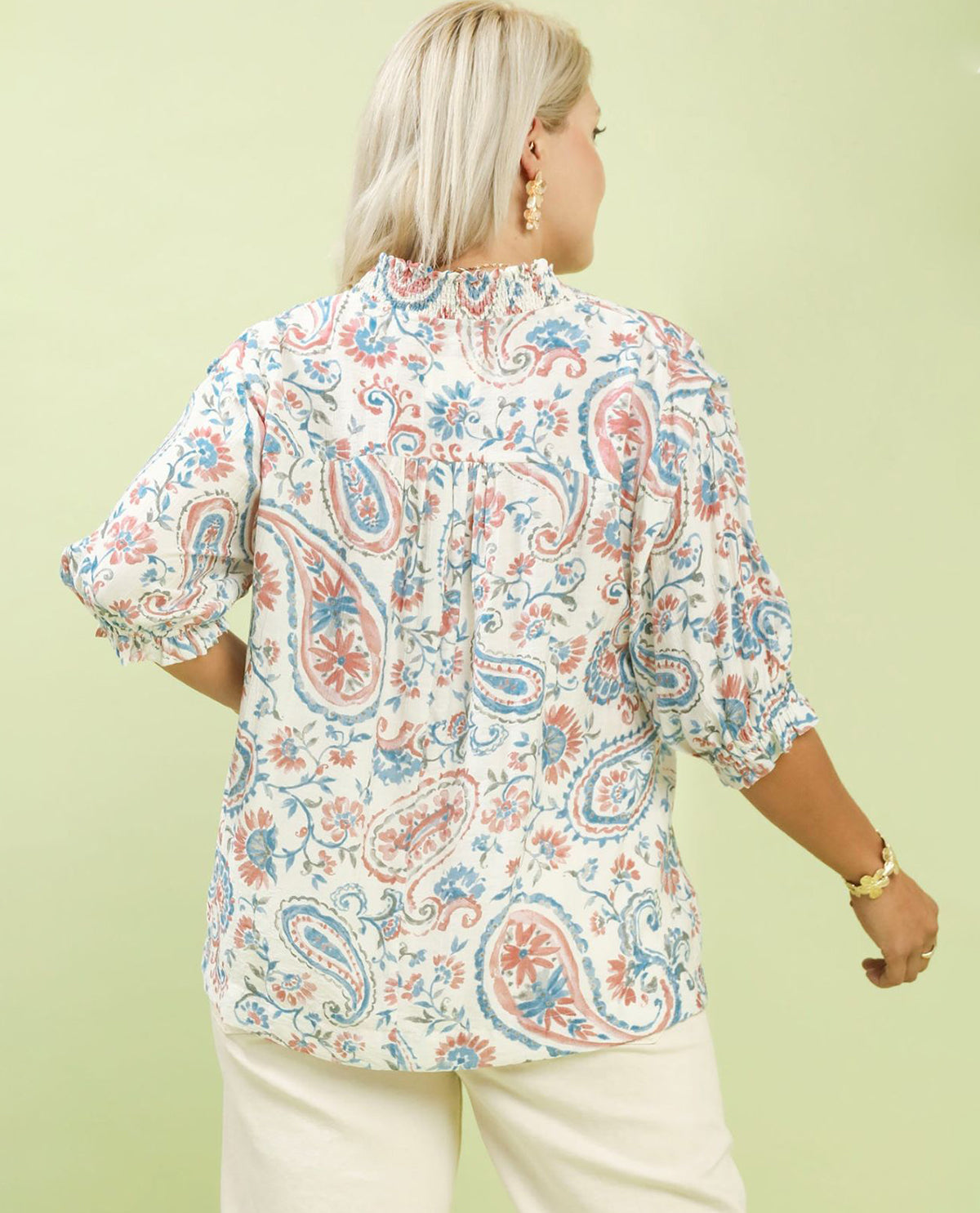 Umgee Paisley Print V-Neck Top Blue/Pink