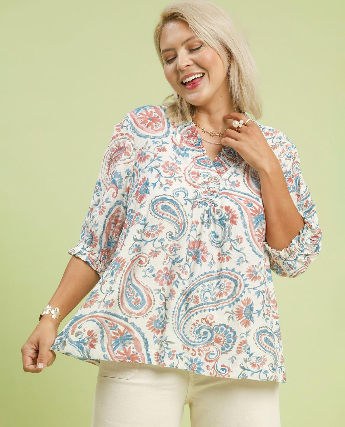 Umgee Paisley Print V-Neck Top Blue/Pink
