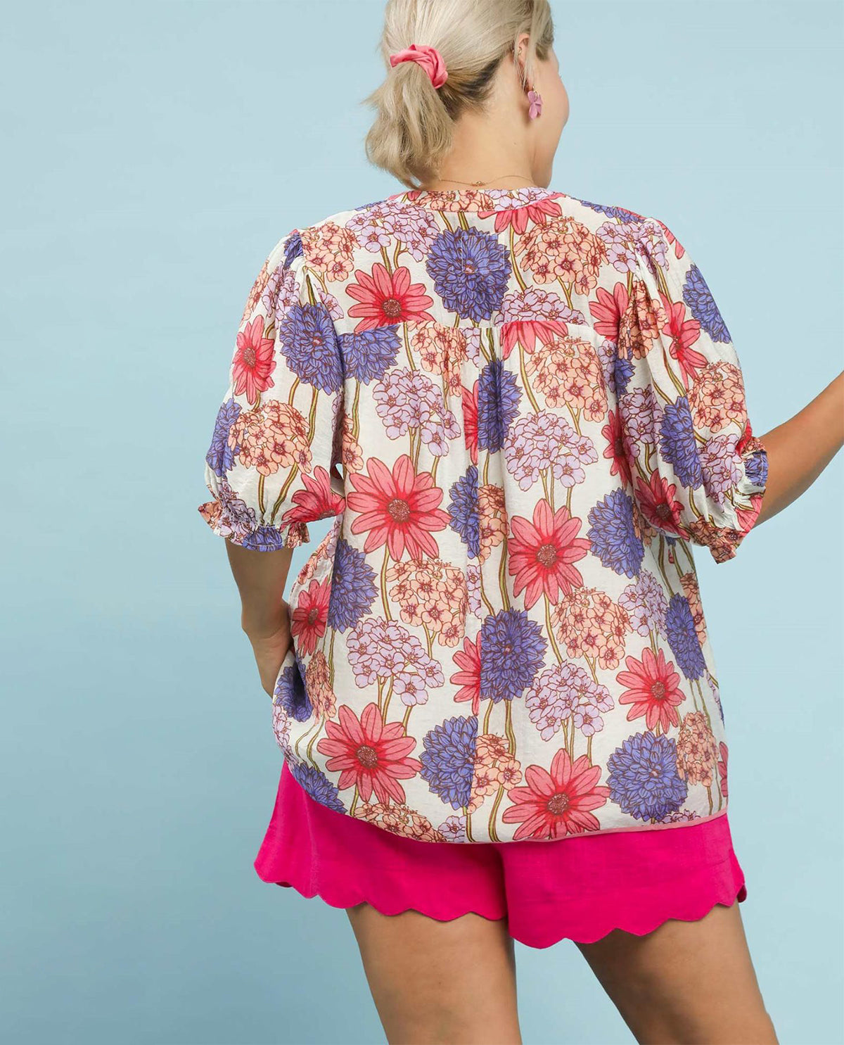 Umgee Floral Print Puff Sleeve Top Pink