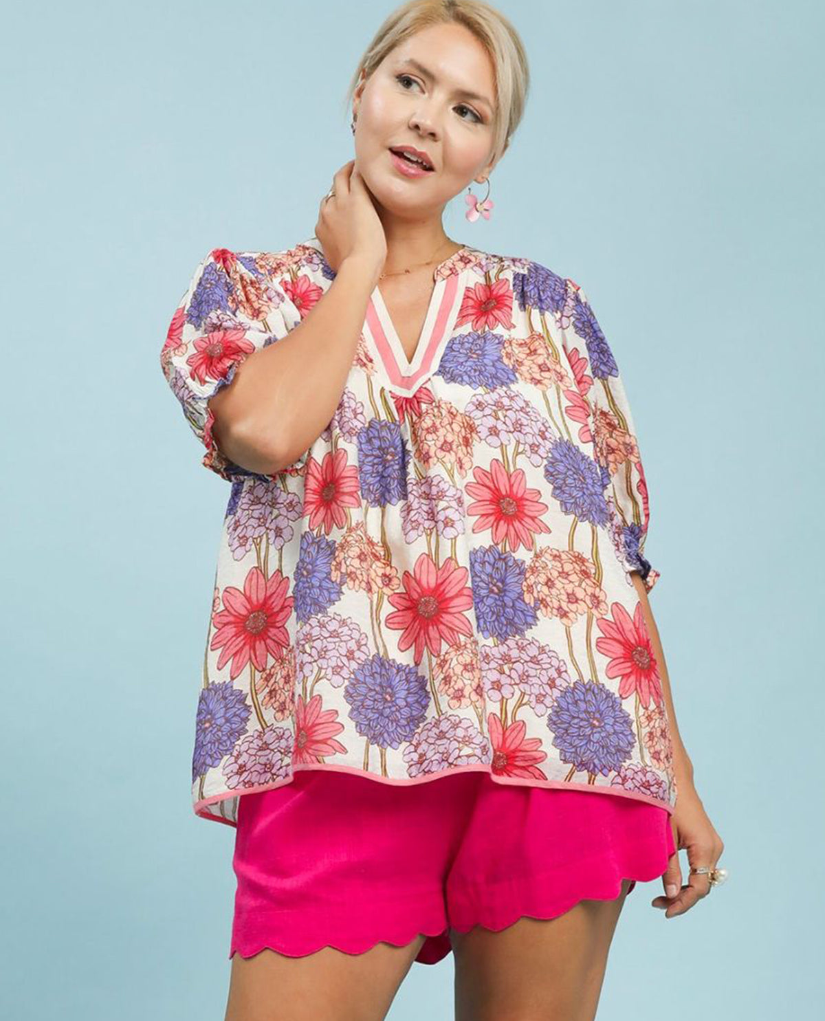 Umgee Floral Print Puff Sleeve Top Pink