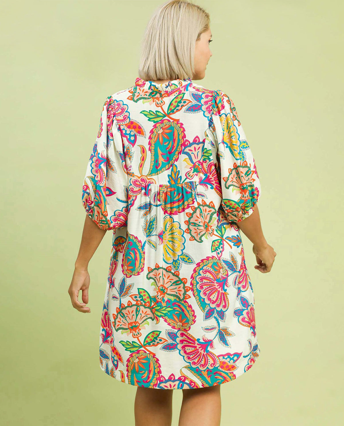 Umgee Abstract Print Ruffle Neck Dress Cream