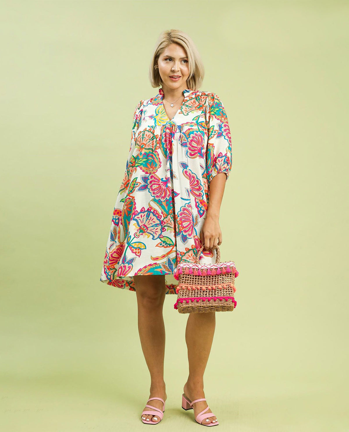 Umgee Abstract Print Ruffle Neck Dress Cream