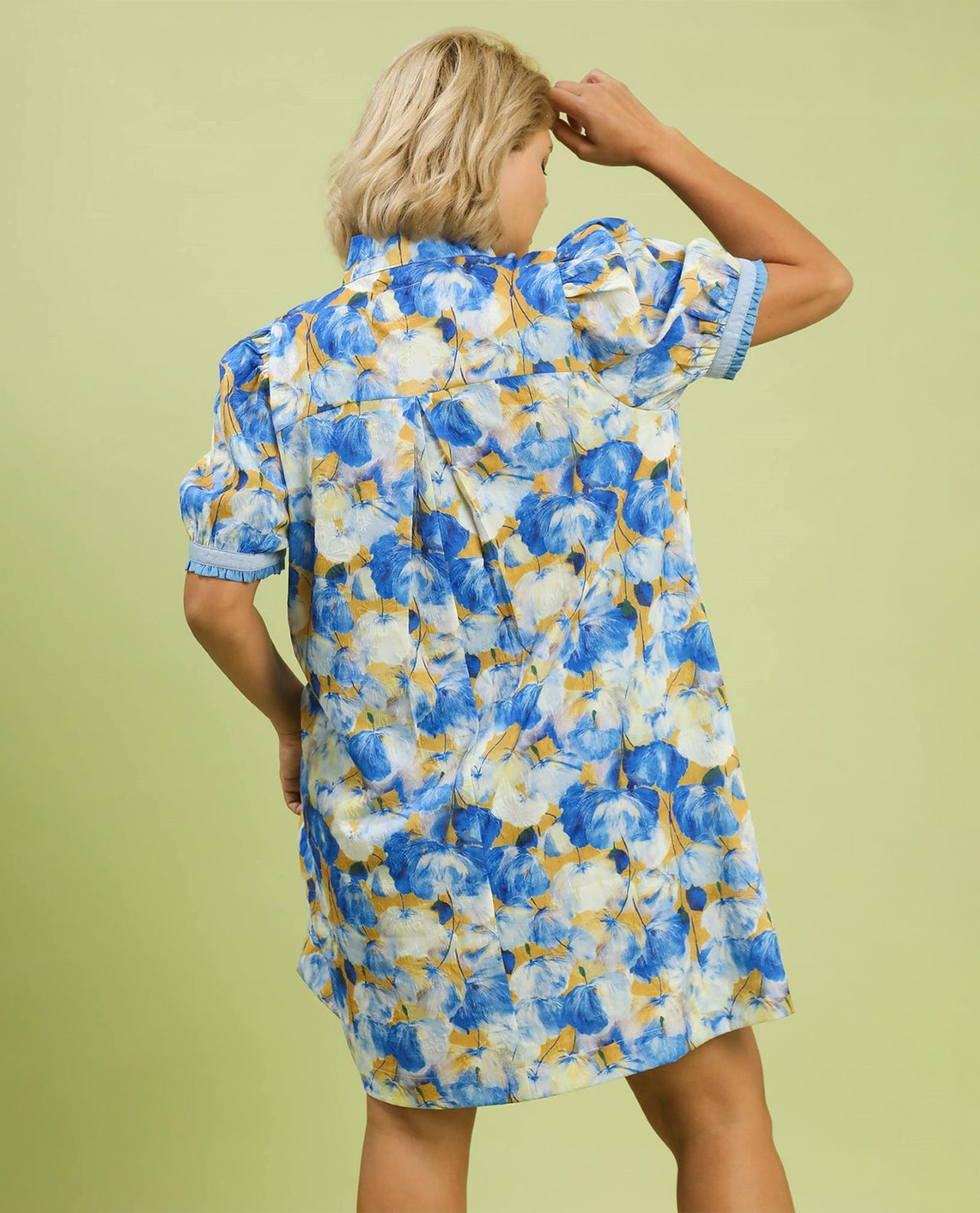 Umgee Floral Print High Neck Dress Blue