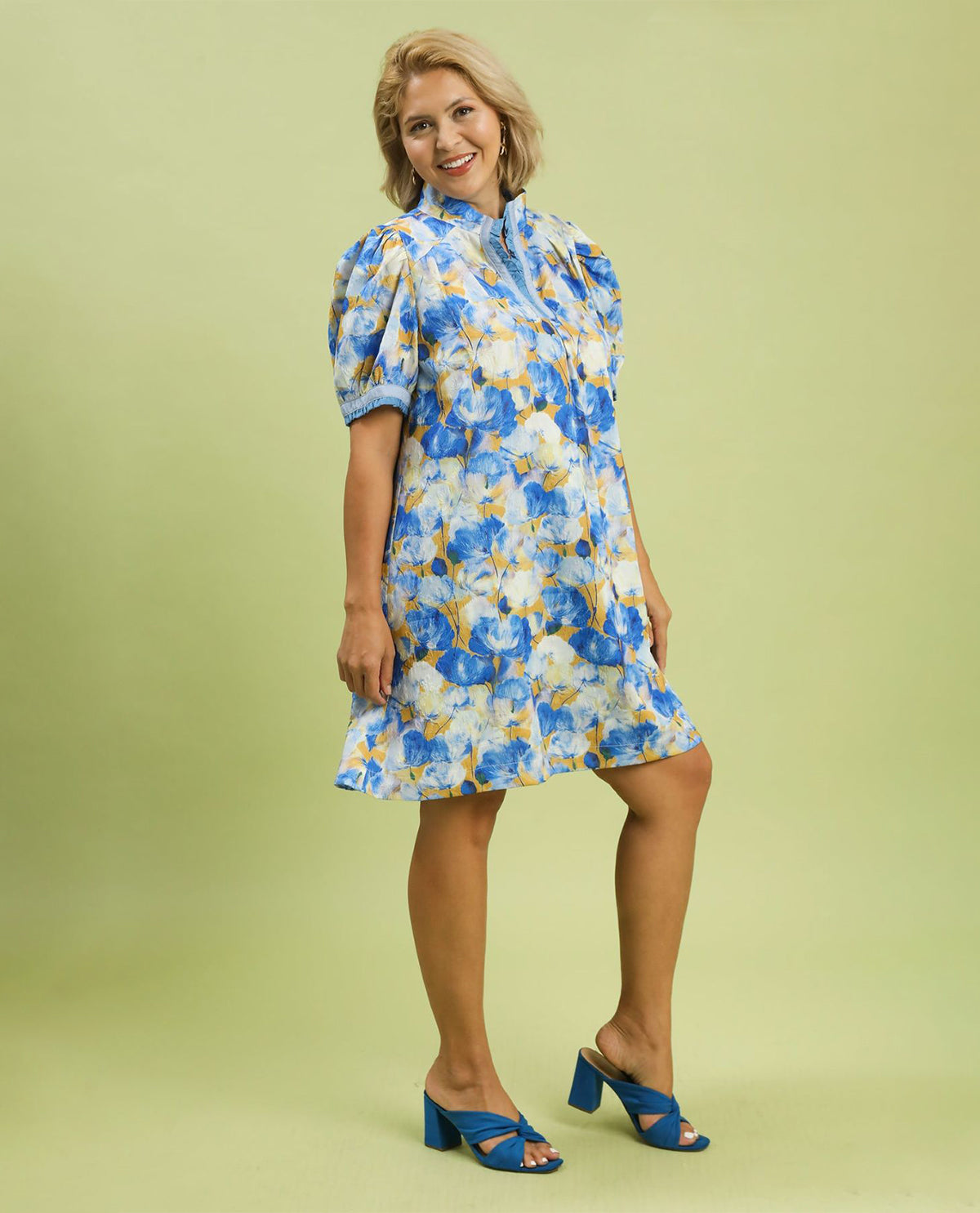 Umgee Floral Print High Neck Dress Blue