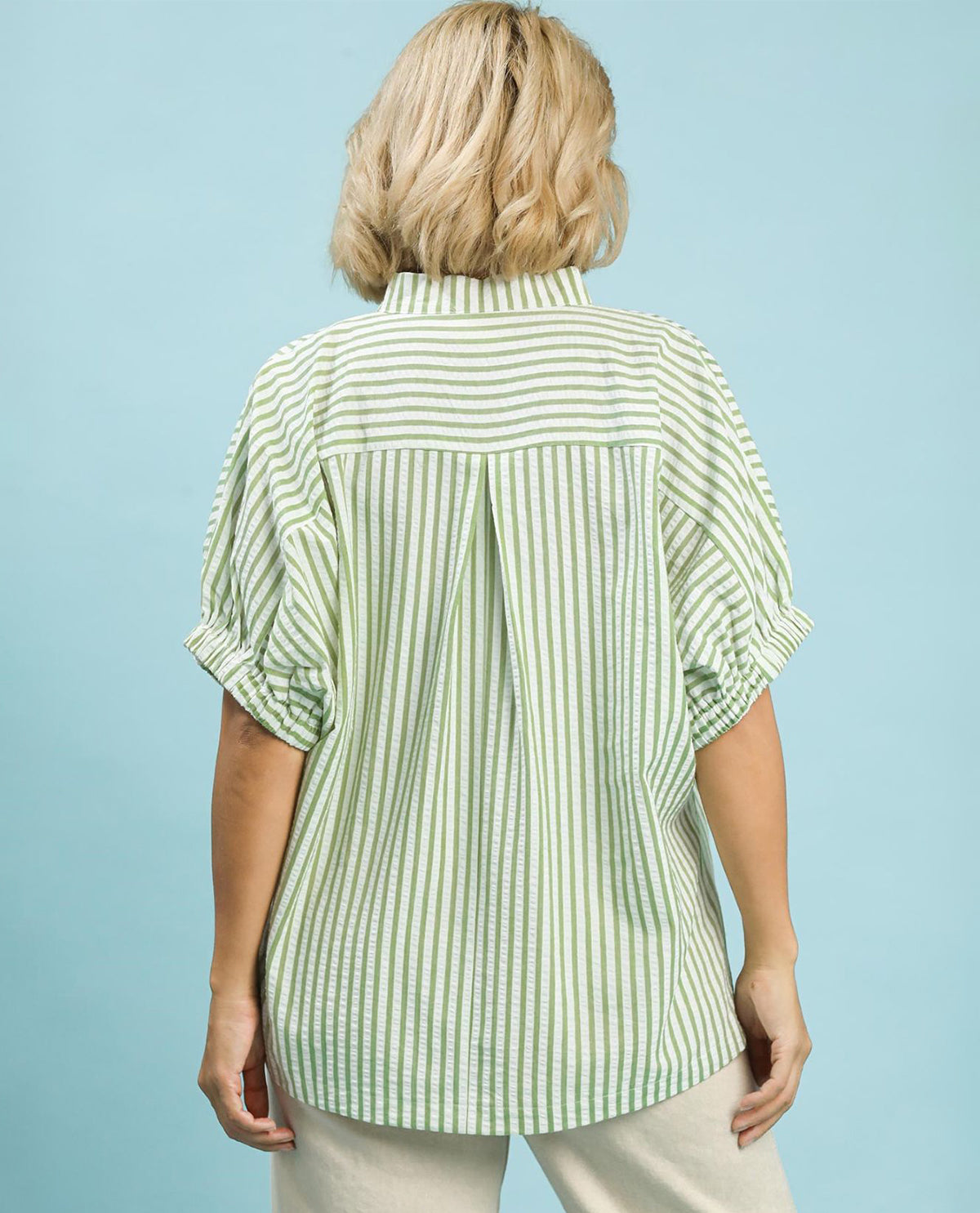 Umgee Stripe Lace Trim Pleated V-neck Top Sage