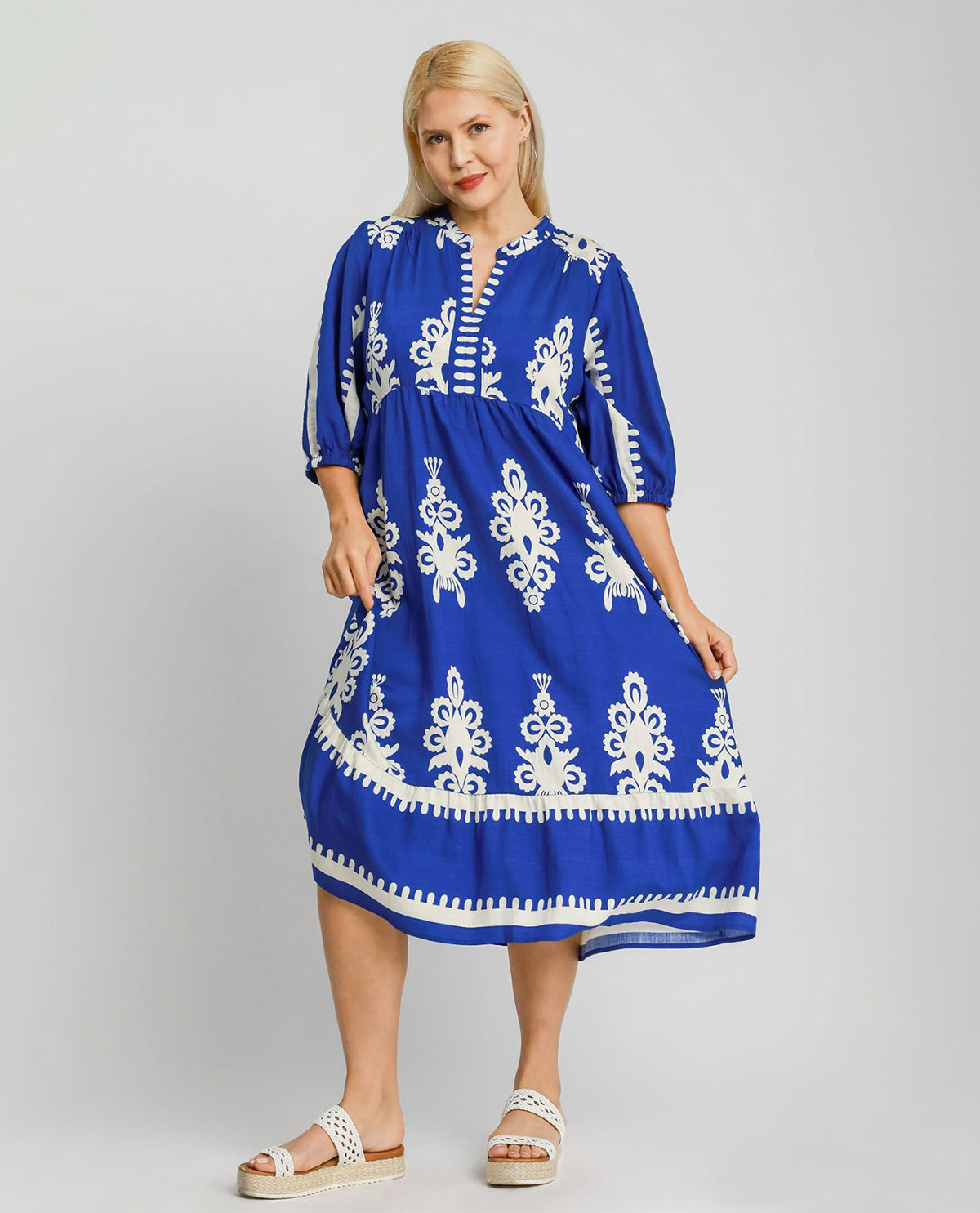 Umgee Desert Bloom Embroidered Midi Dress Cobalt Blue