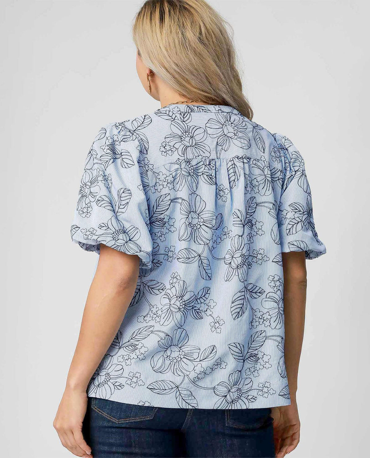Umgee Embroidered Floral Print Top Blue