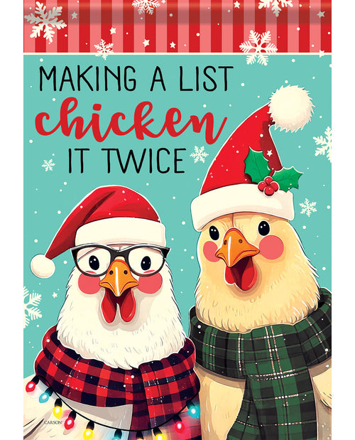Two chickens wearing Christmas hats and scarves with text 'Making a list chicken it twice' on a festive background.