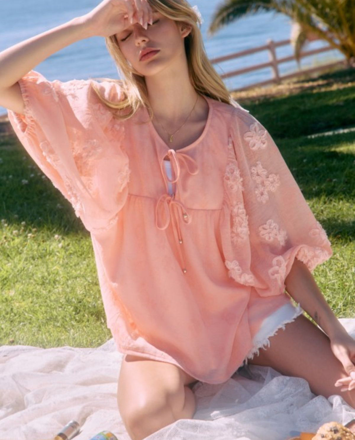 Oddi Embroidered Sheer Blouse Coral