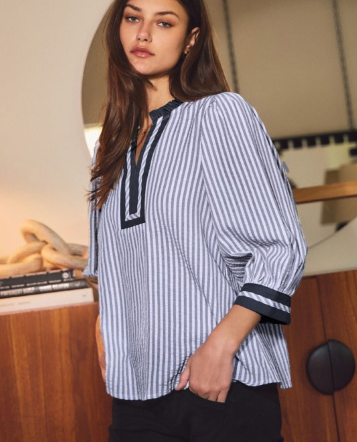 Oddi Stripe Top With Contrast Trim Navy