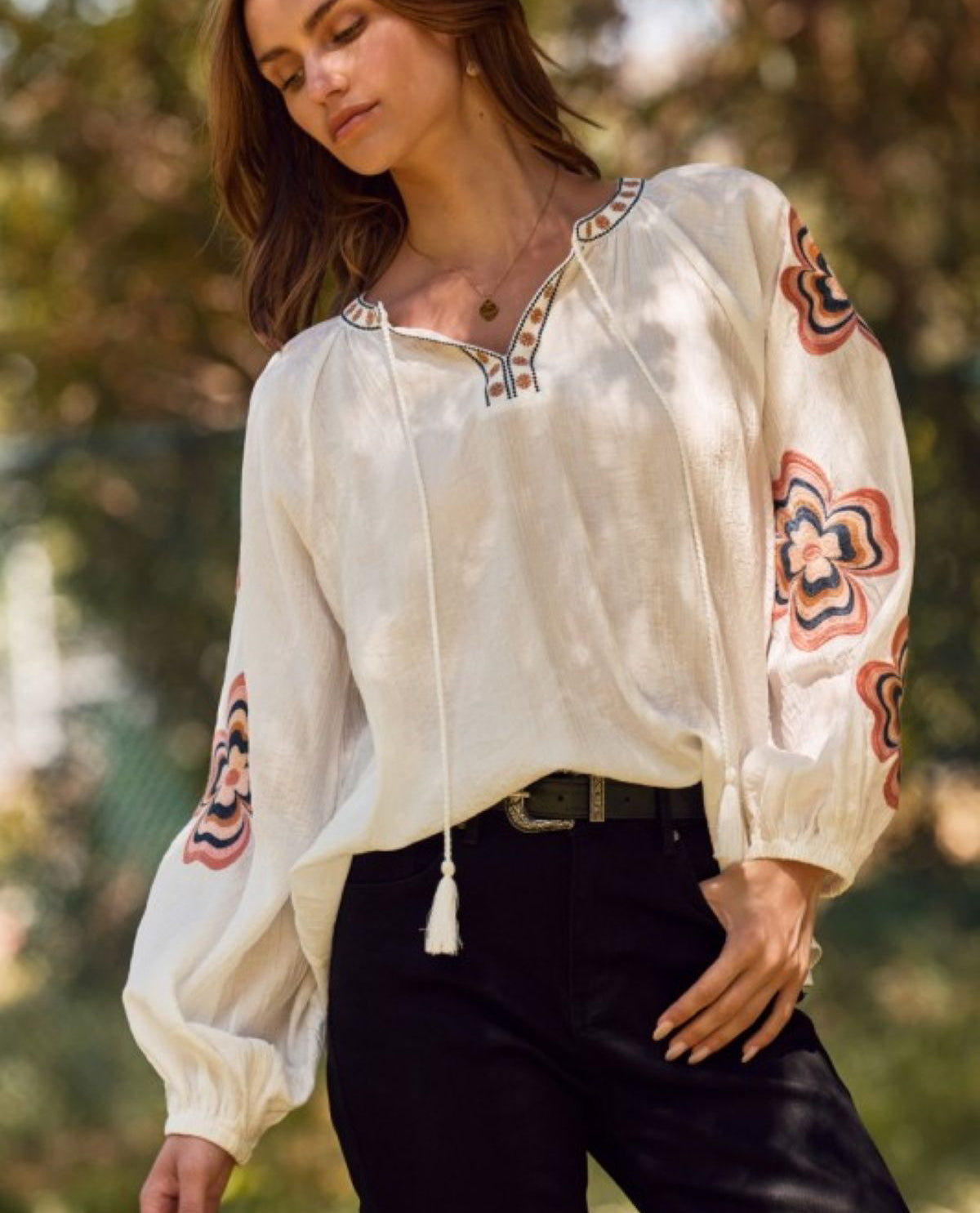 Oddi Embroidered Sleeve Blouse White