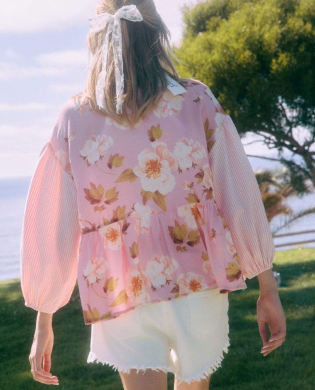 Oddi Floral Peplum Top With Contrast Stripes Pink