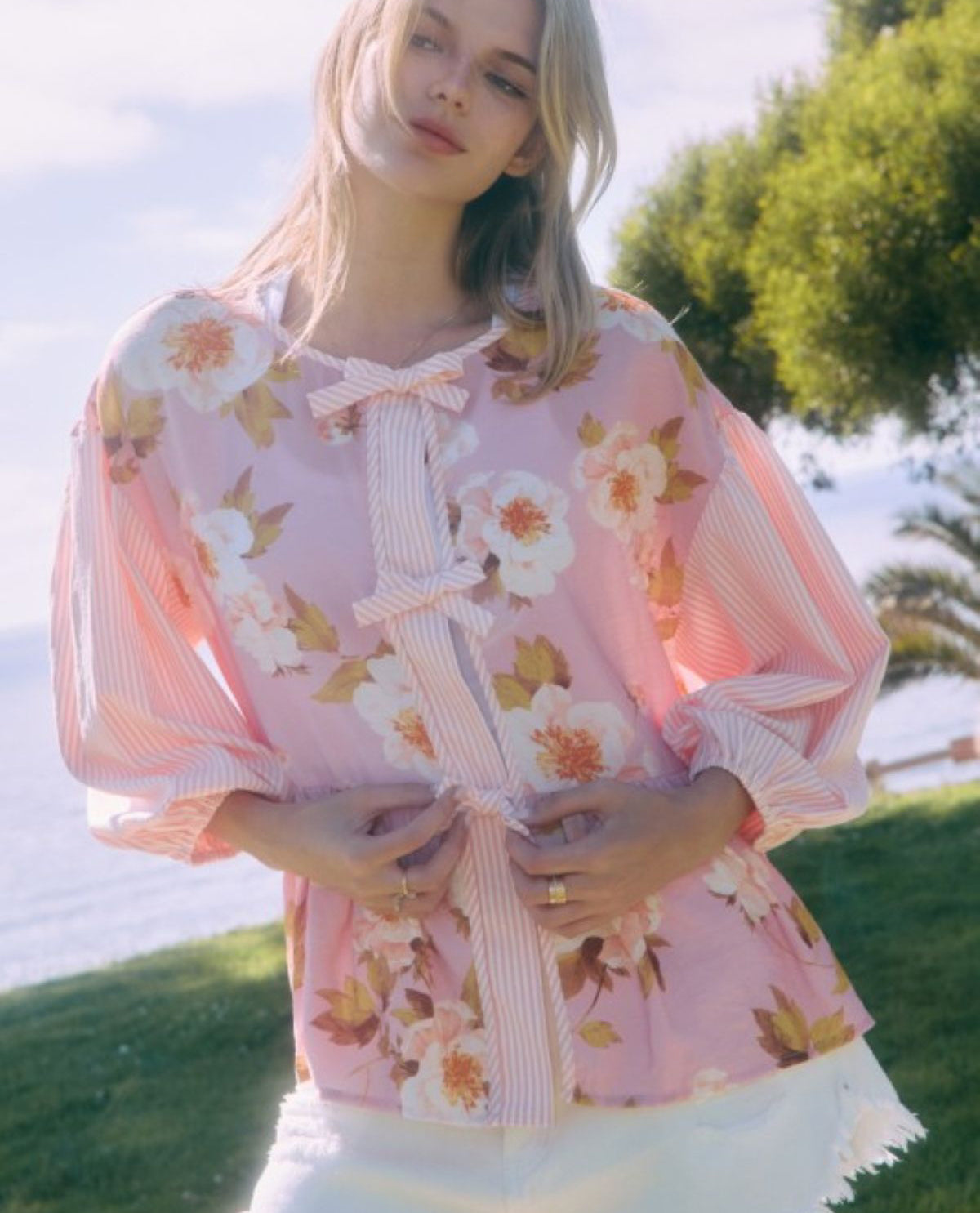 Oddi Floral Peplum Top With Contrast Stripes Pink