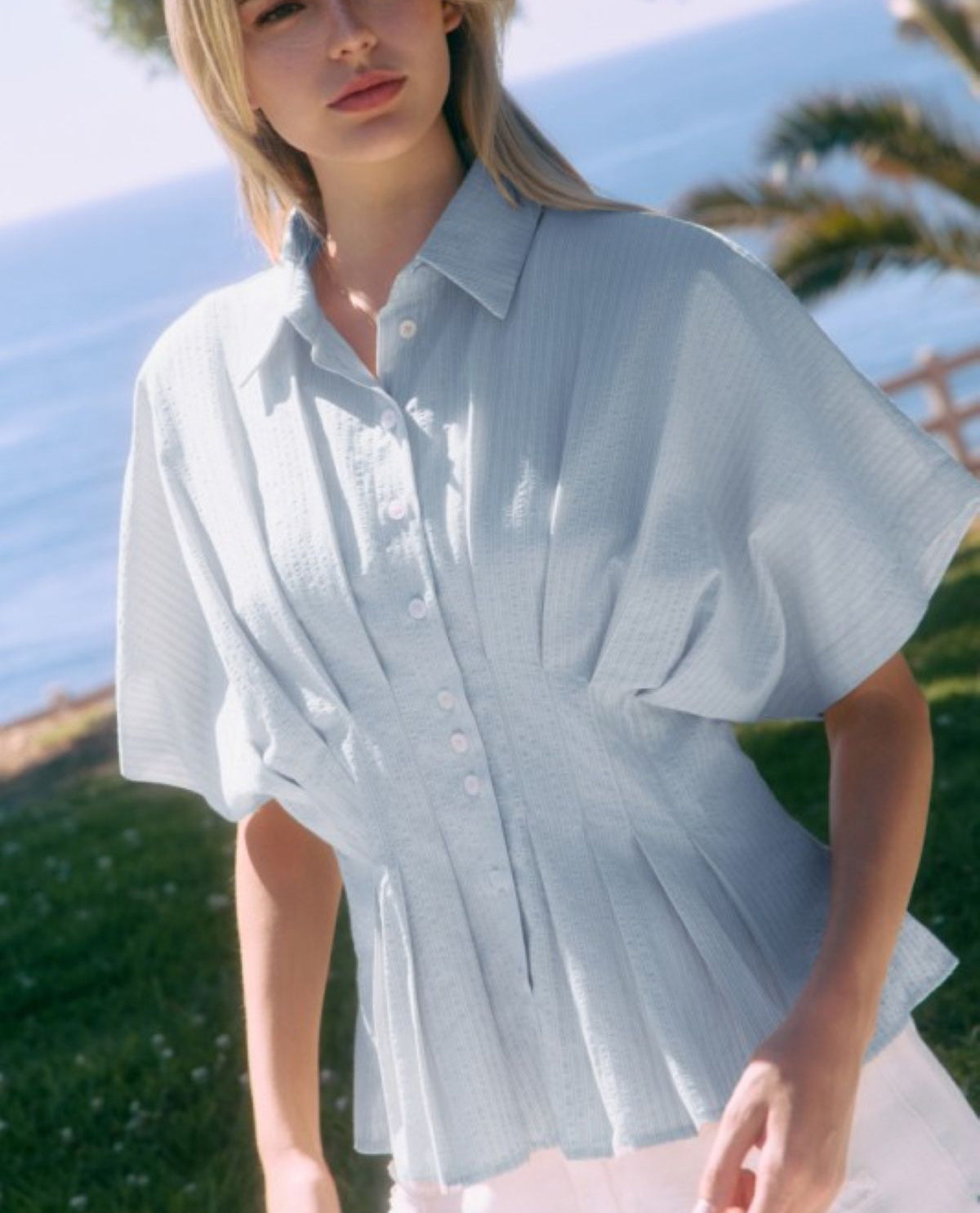 Oddi Button Up Gathered Front Top Blue