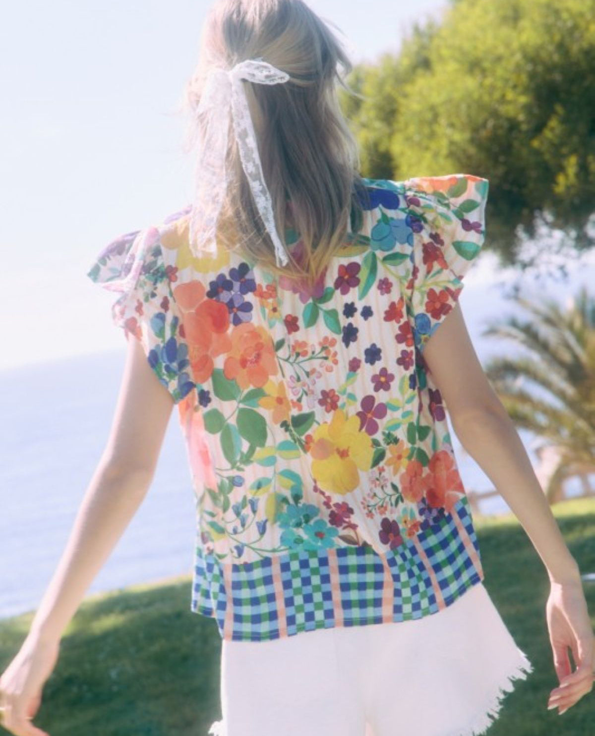 Oddi Border Print Top With Ruffle Neck