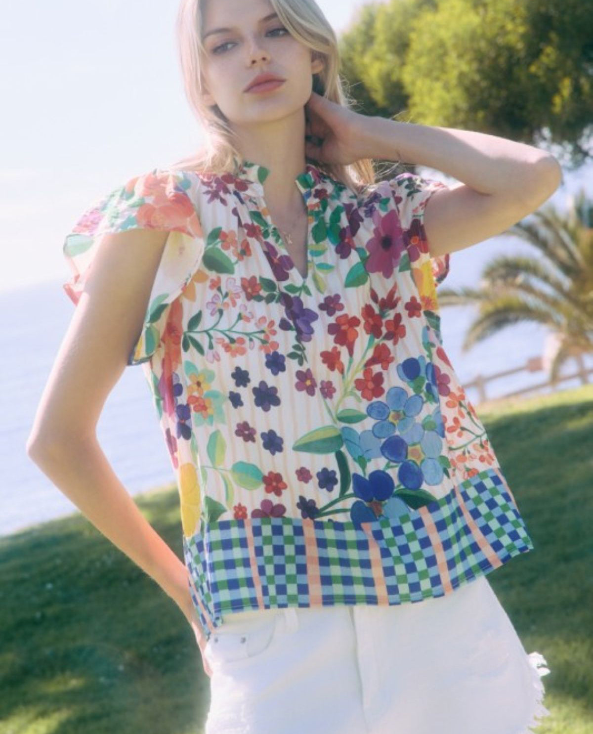 Oddi Border Print Top With Ruffle Neck