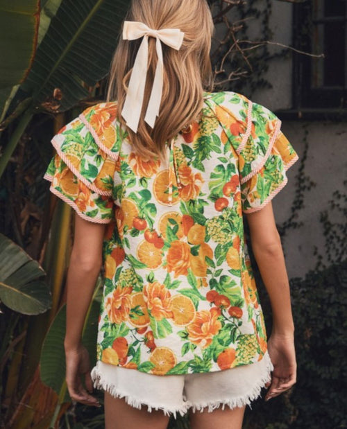 Oddi Ruffle Sleeve Floral Blouse Citrus