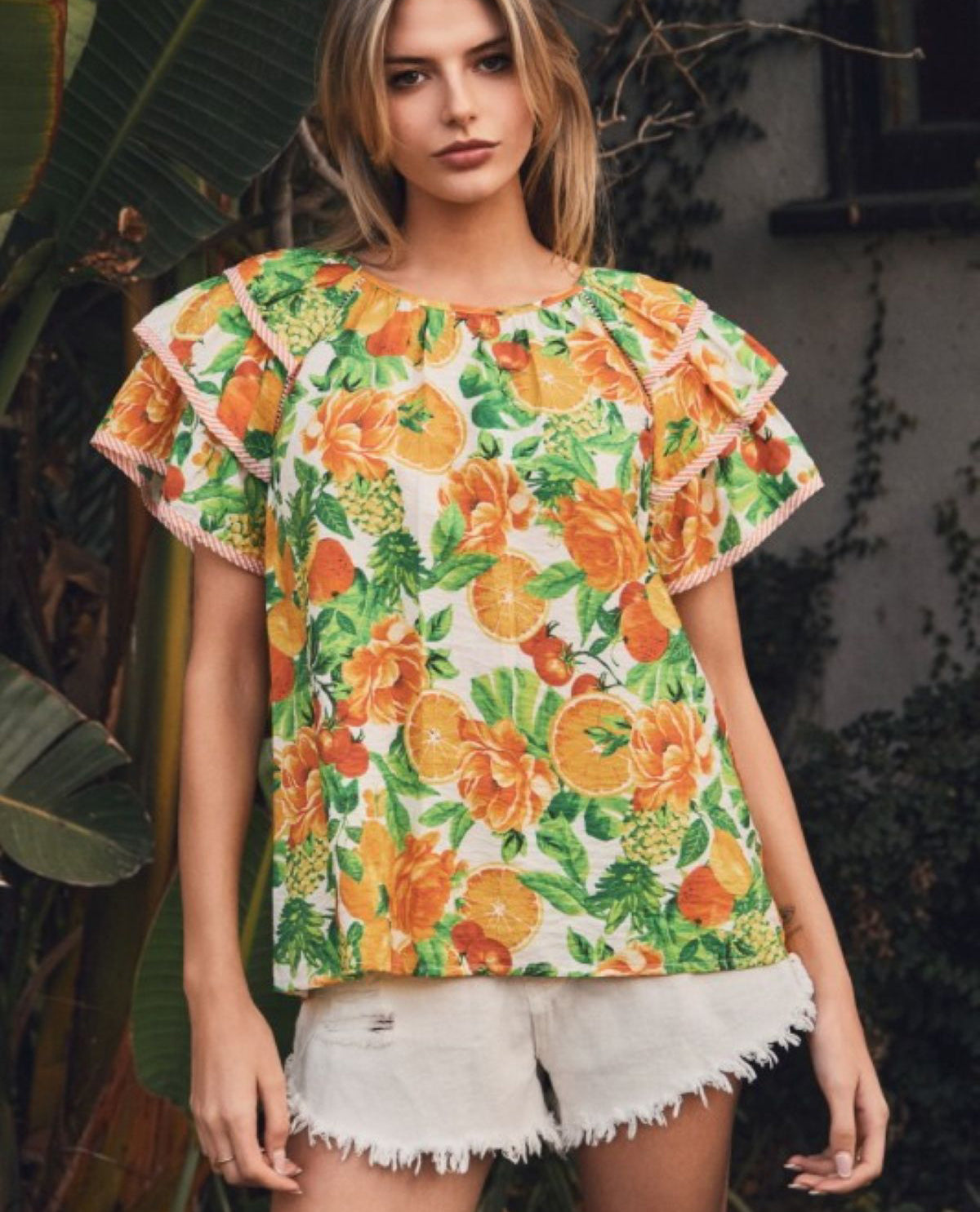 Oddi Ruffle Sleeve Floral Blouse Citrus