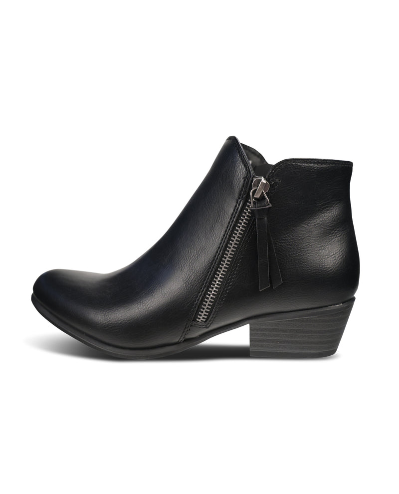 Black leather boot with zipper on a white background