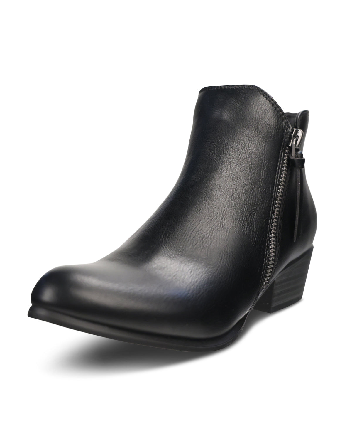 A black faux-leather ankle boot with a low block heel and a side zipper, shown from a three-quarters angle on a white background.
