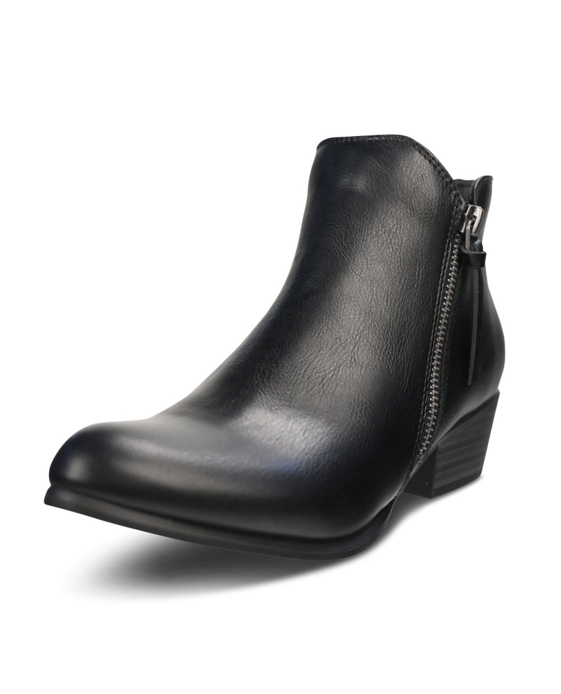 A black faux-leather ankle boot with a low block heel and a side zipper, shown from a three-quarters angle on a white background.