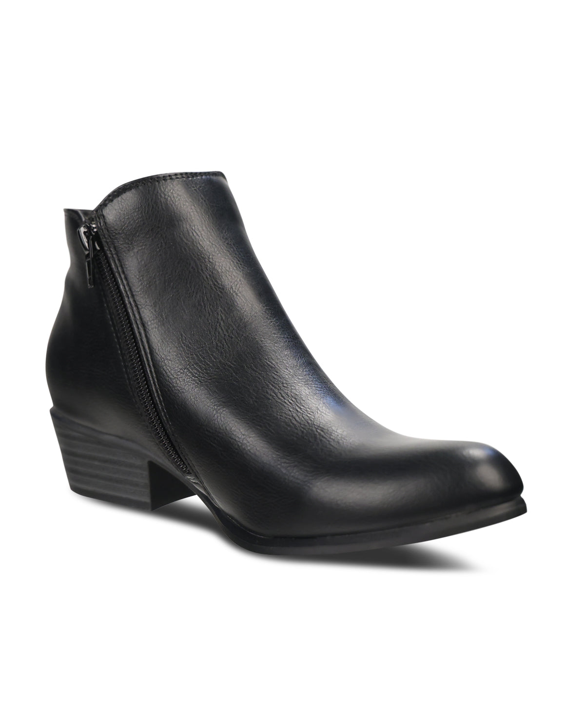 A single black leather ankle boot with a side zipper, low block heel, and rounded toe, shown from a three-quarters angle on a white background.