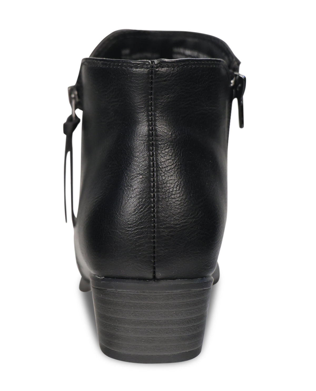 Black leather ankle boot shown from the back, featuring a stacked block heel and side zipper pulls, on a solid white background.