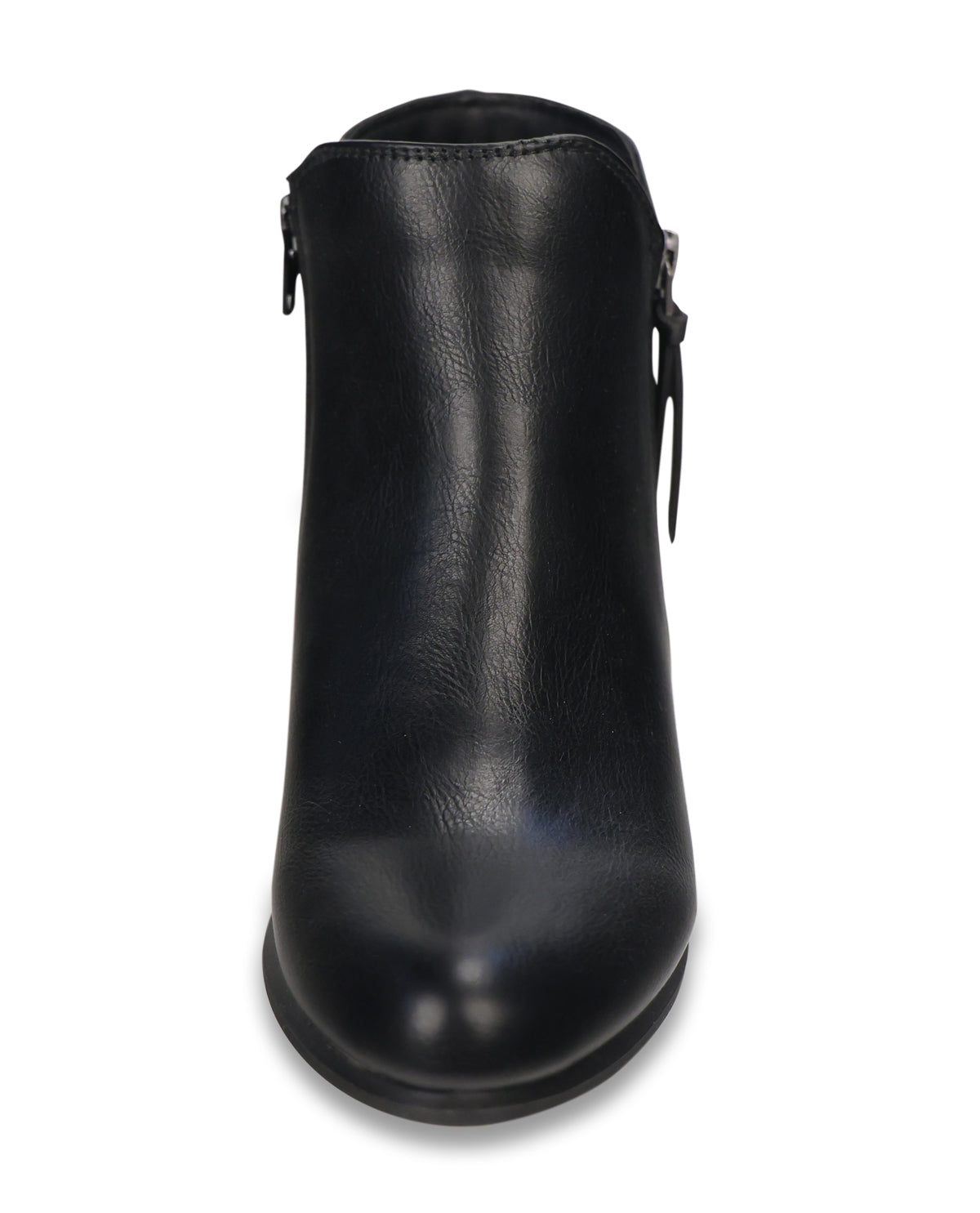 A single black leather ankle boot with a side zipper, shown from a top-down view on a white background.