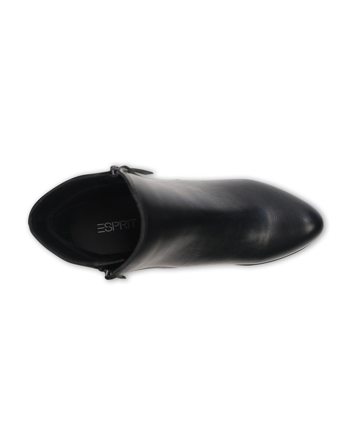 A black leather ankle boot shown from a top-down view on a plain white background, with the brand name 'ESPRIT' printed on the inner sole.