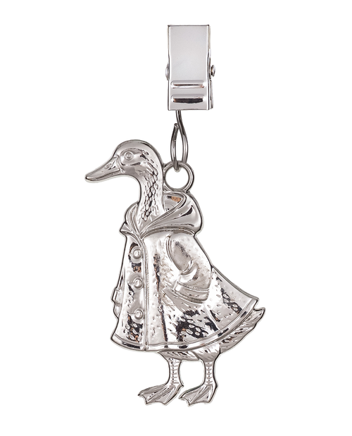 Silver duck-shaped charm on a white background