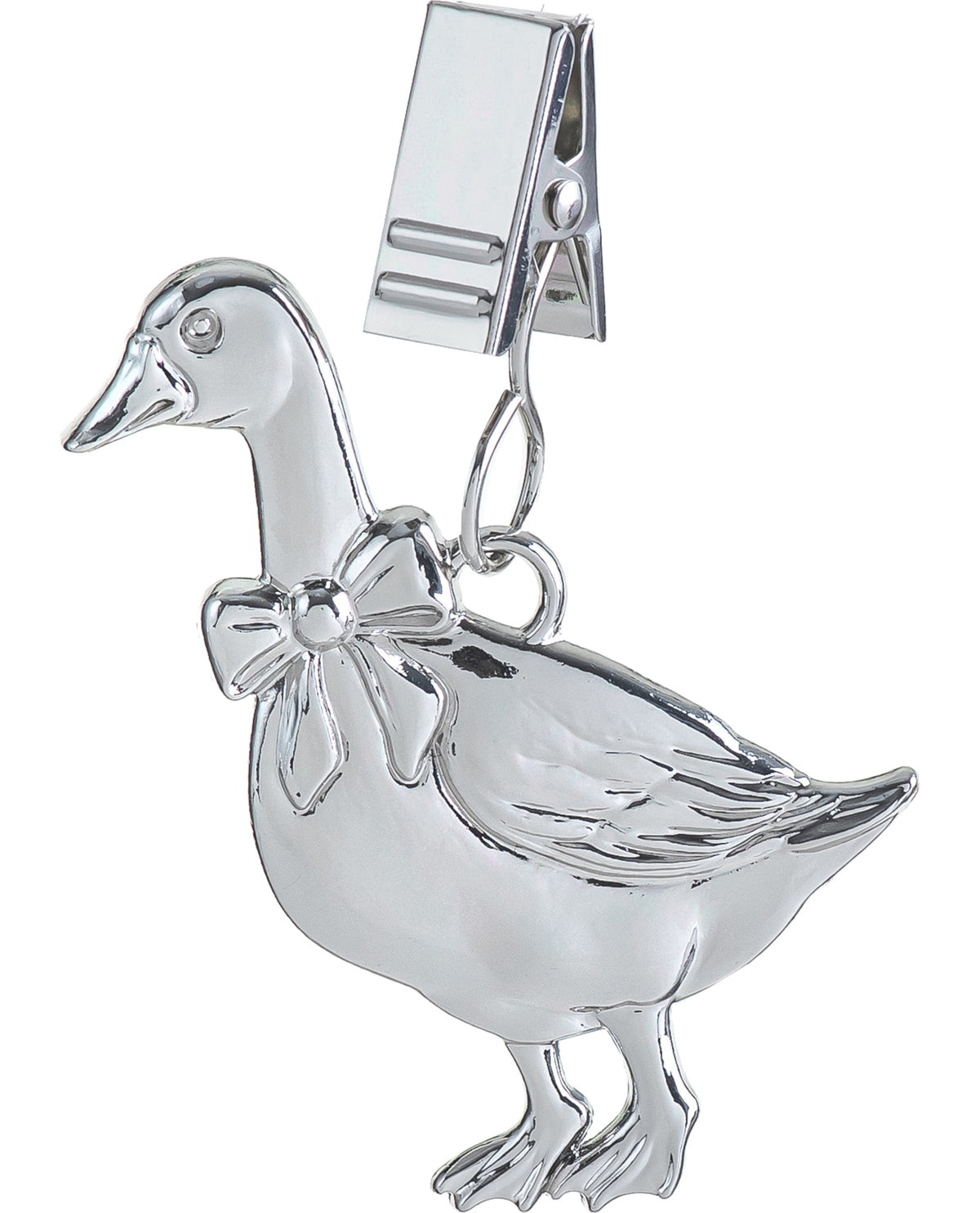 A polished silver-tone metal duck charm with a bow detail and a spring-ring clip at the top, shown on a plain white background.