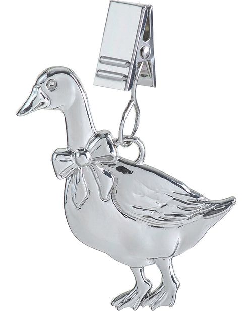 A polished silver-tone metal duck charm with a bow detail and a spring-ring clip at the top, shown on a plain white background.