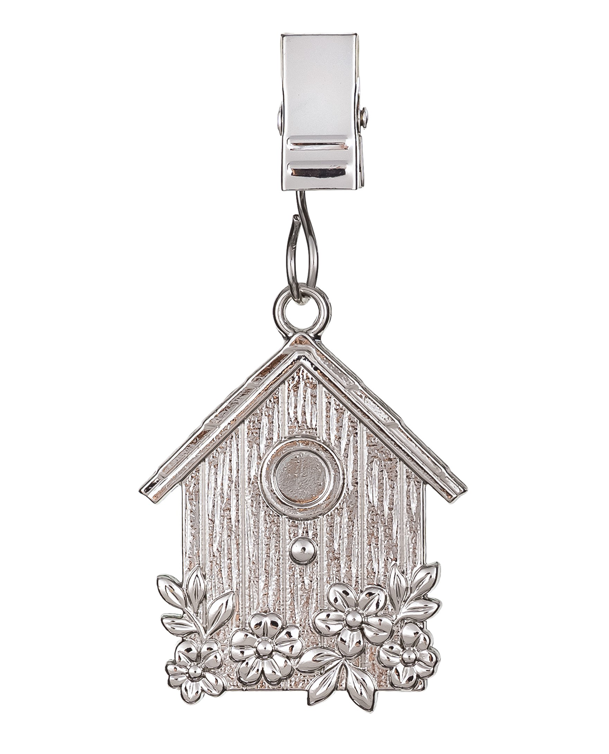 Silver birdhouse charm with floral details on a white background