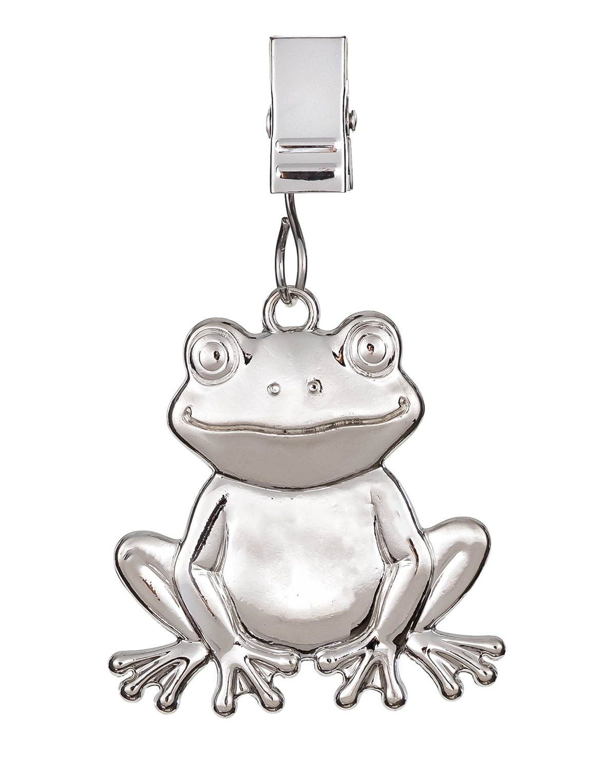 Silver frog charm on a white background