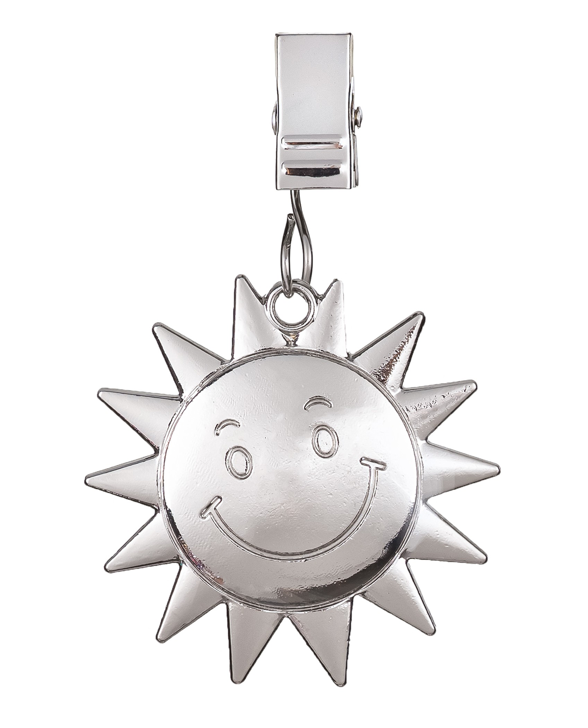 Silver sun-shaped charm with a smiley face on a white background