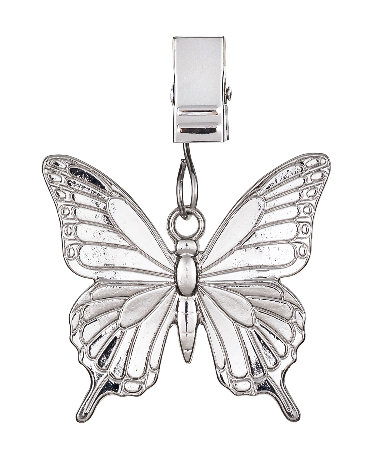 Silver butterfly pendant with a clip on a white background