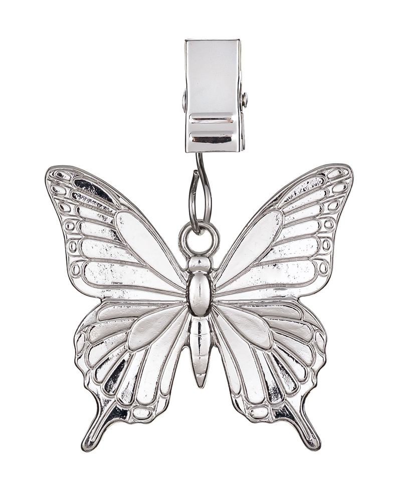Silver butterfly pendant with a clip on a white background