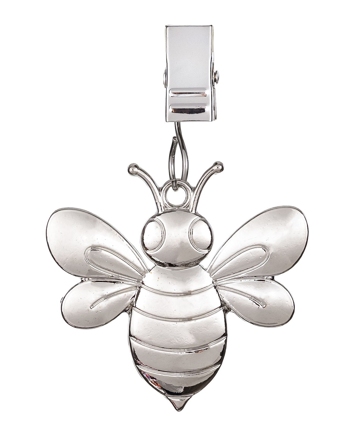 Silver bee-shaped clip on a white background