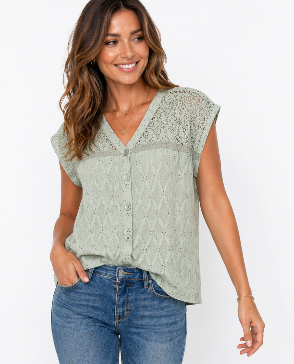 Sabrina Lauren Crochet Yoke Top