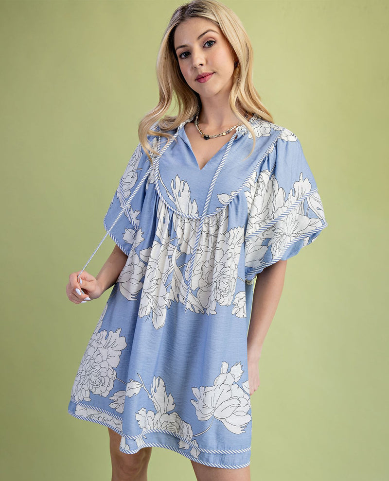 Gigio Floral Print Babydoll Dress Blue